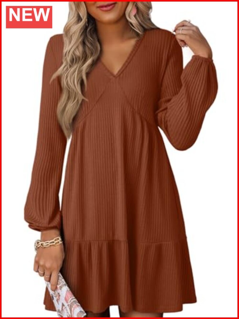 Women's V Neck Ribbed Knit A-Line Swing Dress Long Sleeve Empire Waist Mini